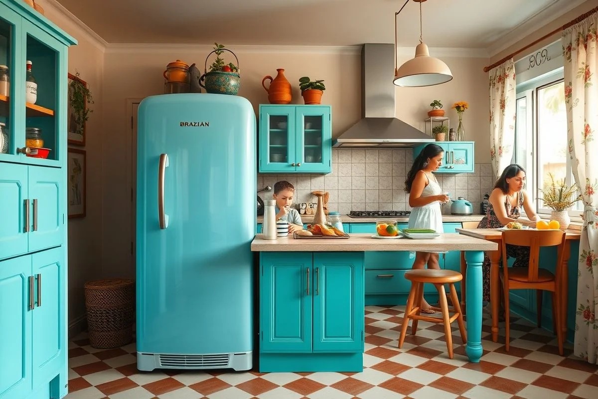 Cozinha candy color com geladeira retrô azul pastel e decoração vintage.