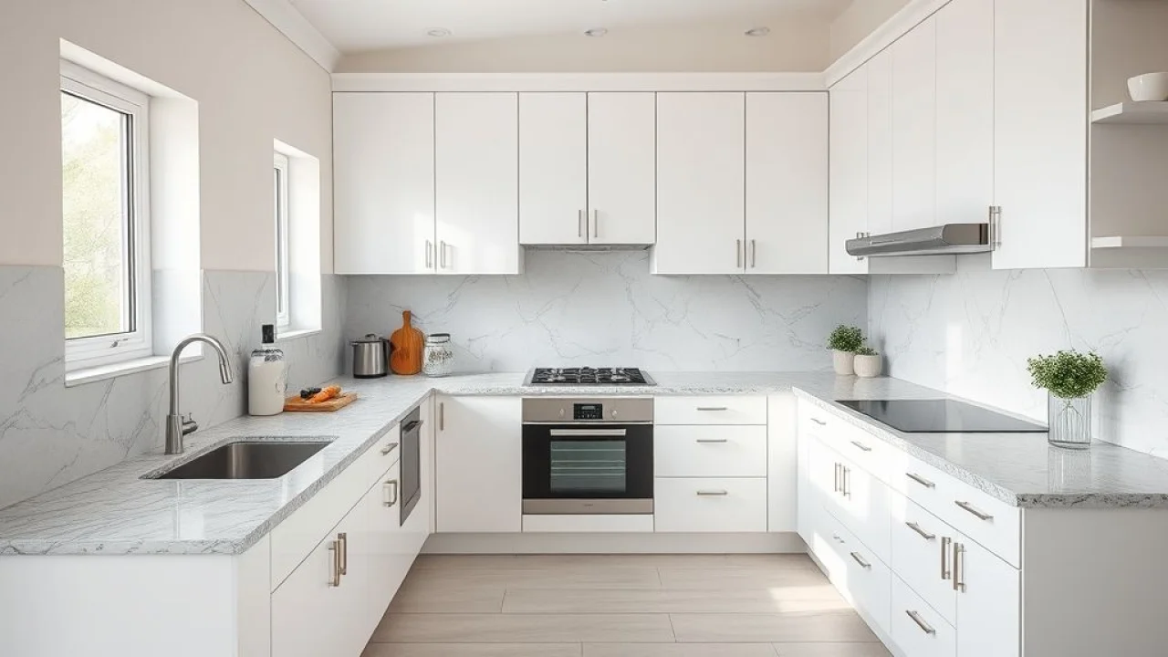 Cozinha planejada pequena com layout em L, armários brancos e bancada de granito.