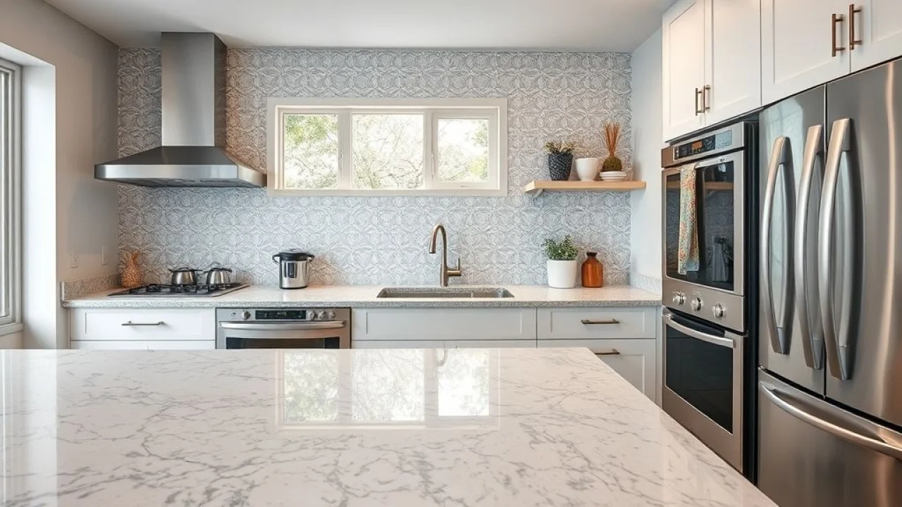 Bancada de quartzo e revestimento cerâmico em cozinha brasileira.