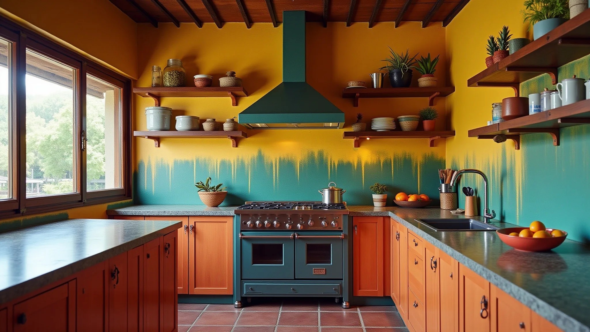 Cozinha brasileira com paredes coloridas pintadas com epóxi em estilo Farm Rio.