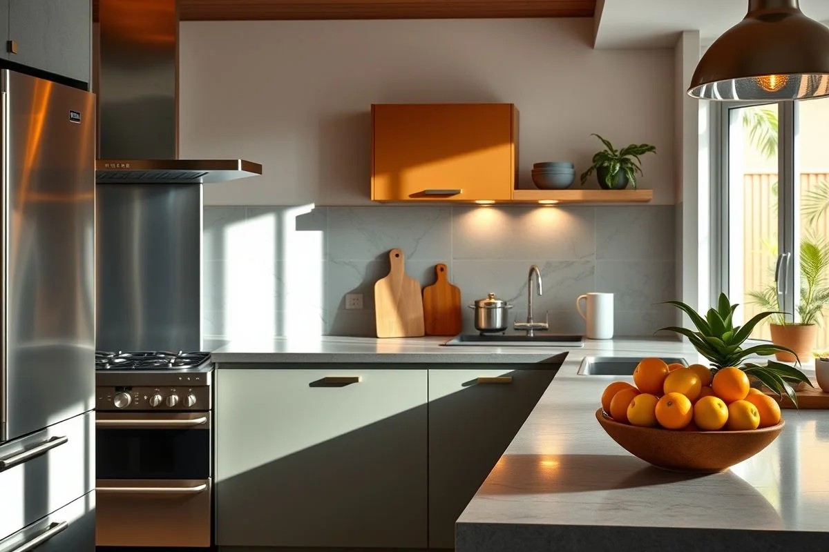 Cozinha brasileira moderna com bancada de microcimento e frutas tropicais.