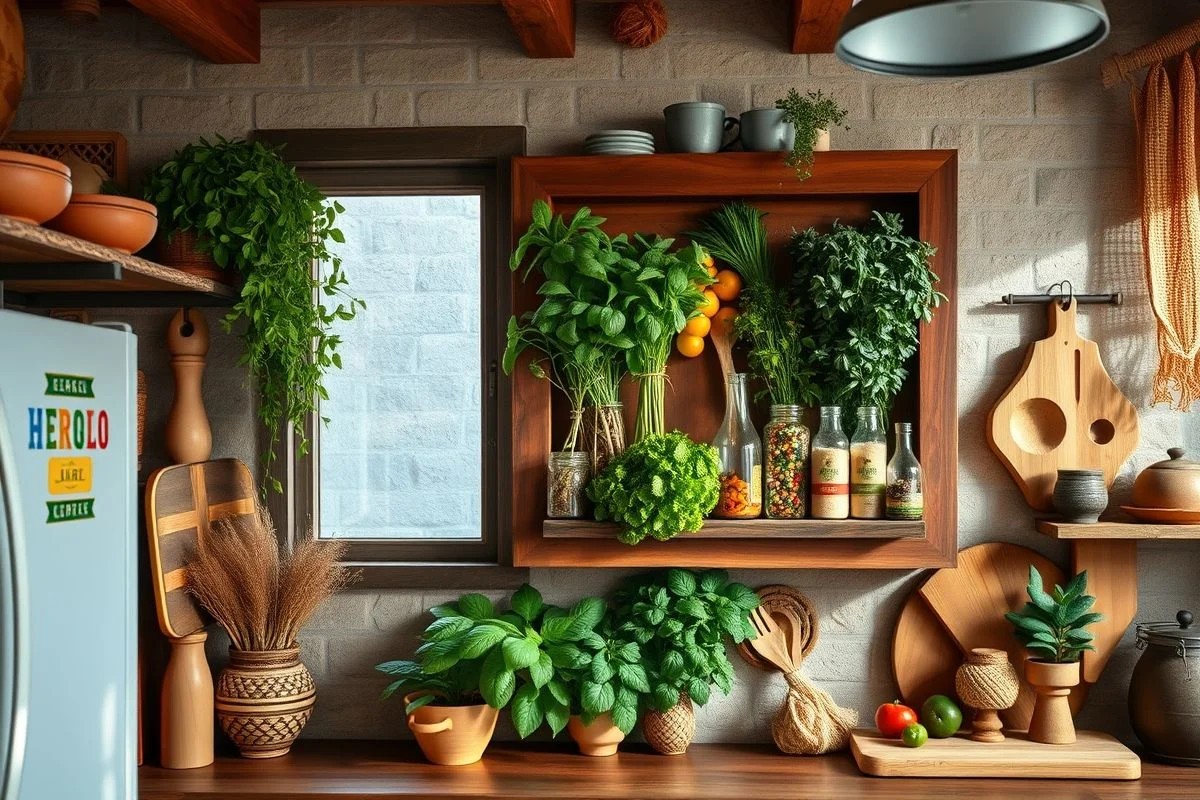 Cozinha brasileira com prateleira de temperos em molduras rústicas.