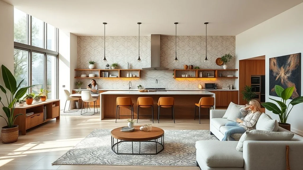 Divisória de gesso com nichos vazados integrando cozinha e sala de estar em casa brasileira.