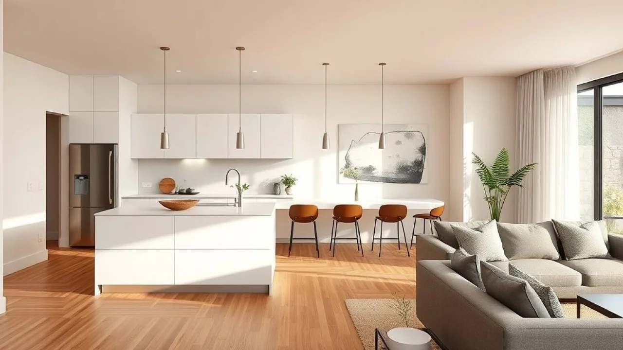 Cozinha integrada com sala, design minimalista e iluminação estratégica no Brasil