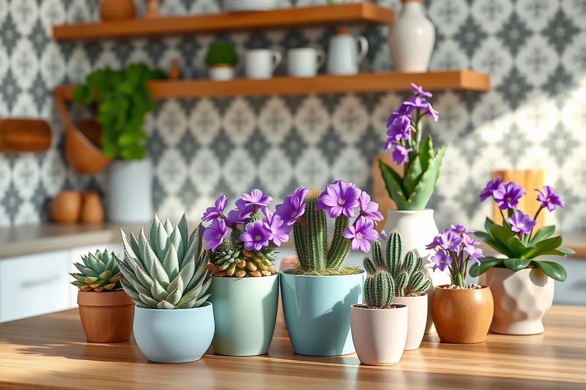 Ilha de cozinha decorada com plantas em vasos de cores pastel.