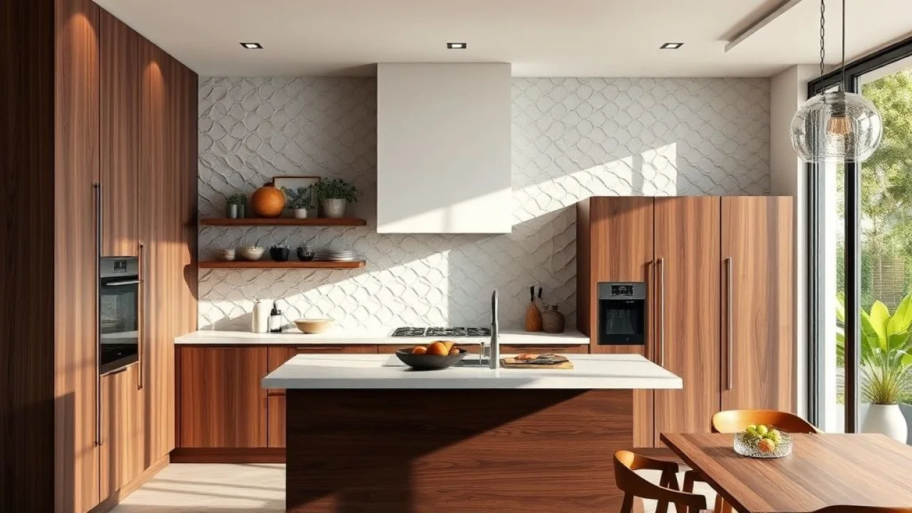 Cozinha brasileira com parede em revestimento 3D, design moderno e sofisticado.