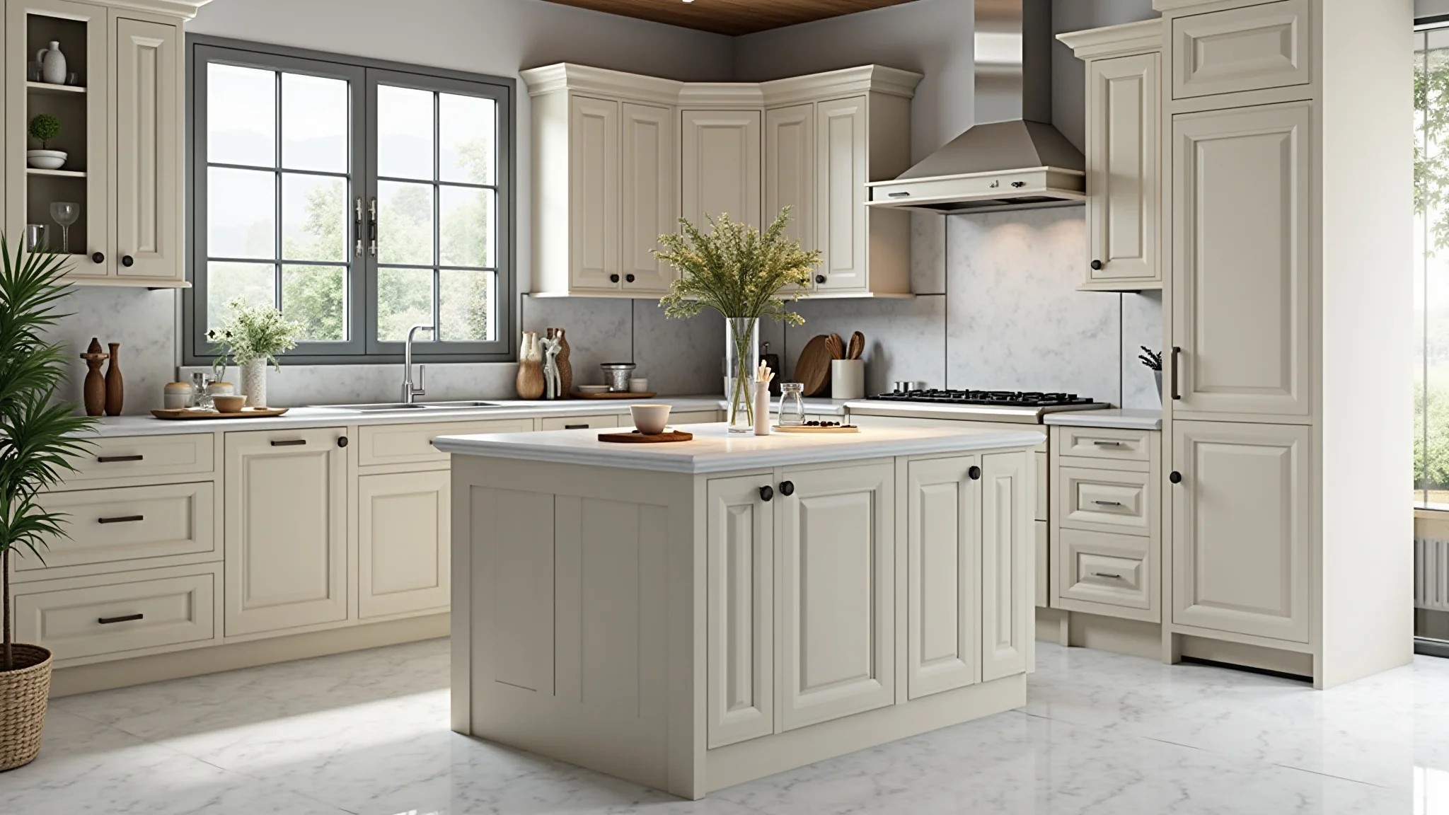 Cozinha brasileira com bancada de porcelanato estilo mármore, harmonizando com armários e piso.