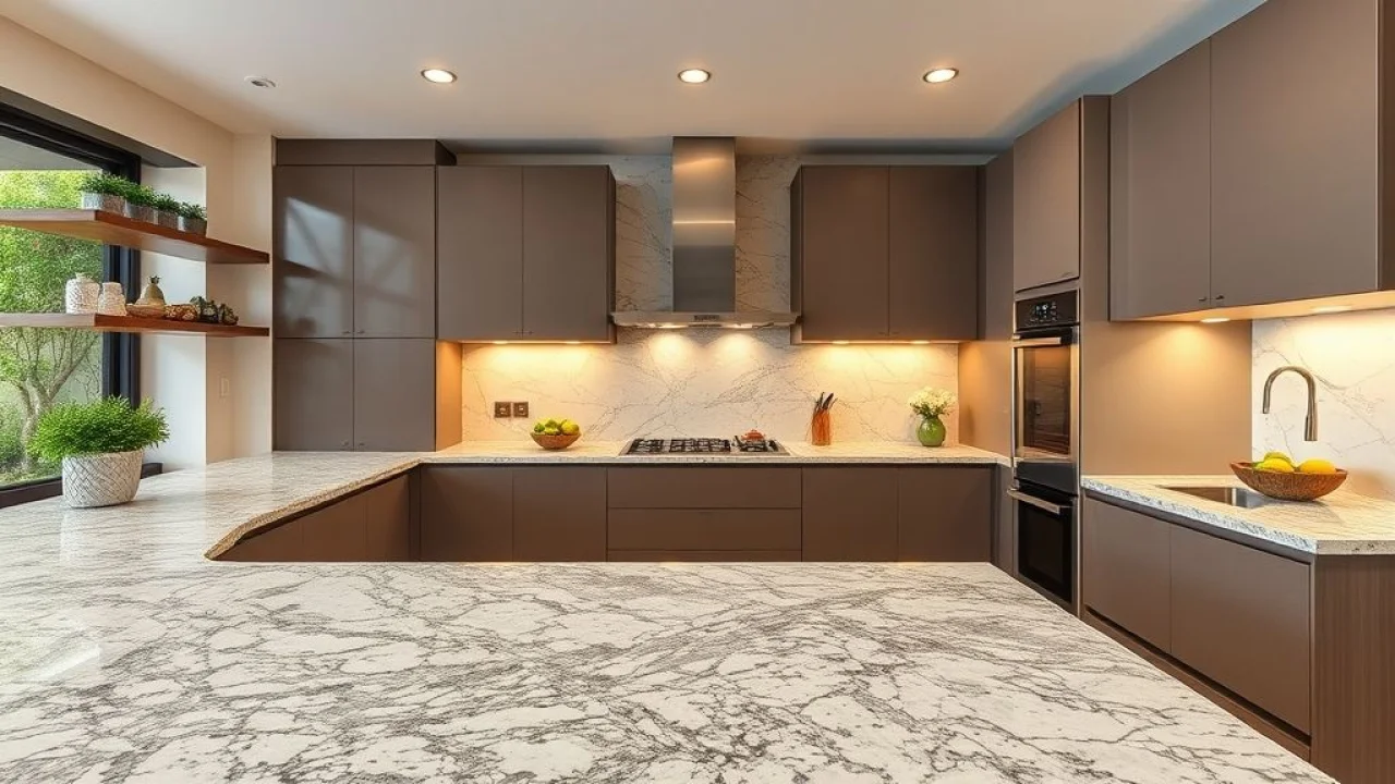 Cozinha brasileira com bancada de granito resistente e armários modernos, garantindo durabilidade e beleza.