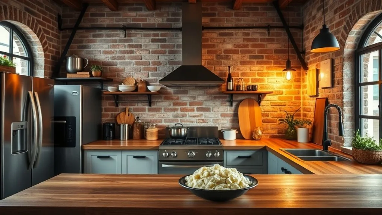 Cozinha brasileira com tijolinho aparente, estilo rústico e industrial.