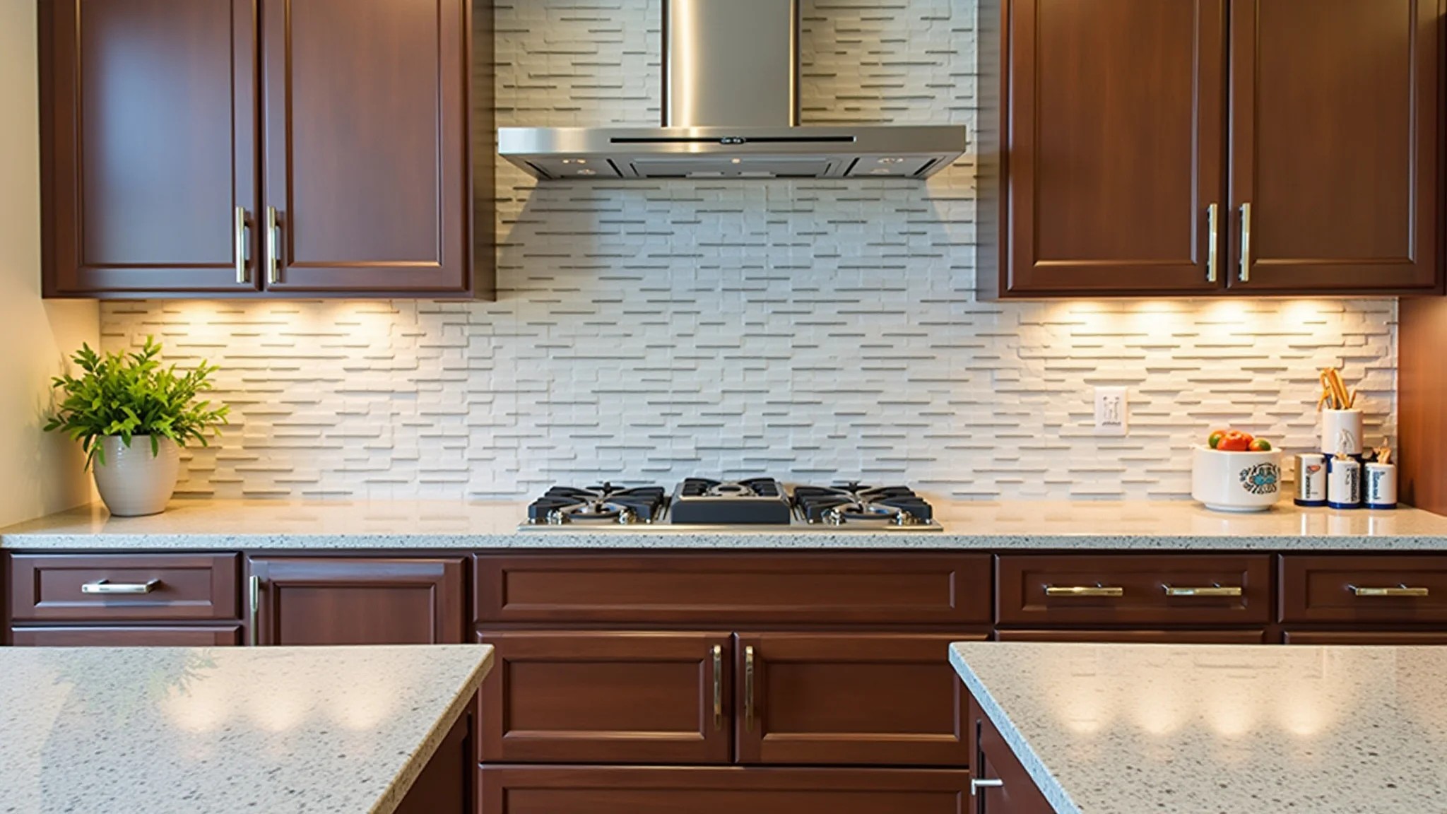 Cozinha brasileira com novas bancadas e backsplash, mostrando opções de materiais.