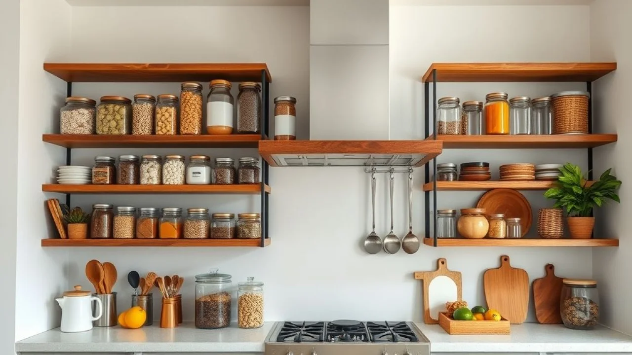 Cozinha organizada com prateleiras abertas. Potes de vidro
