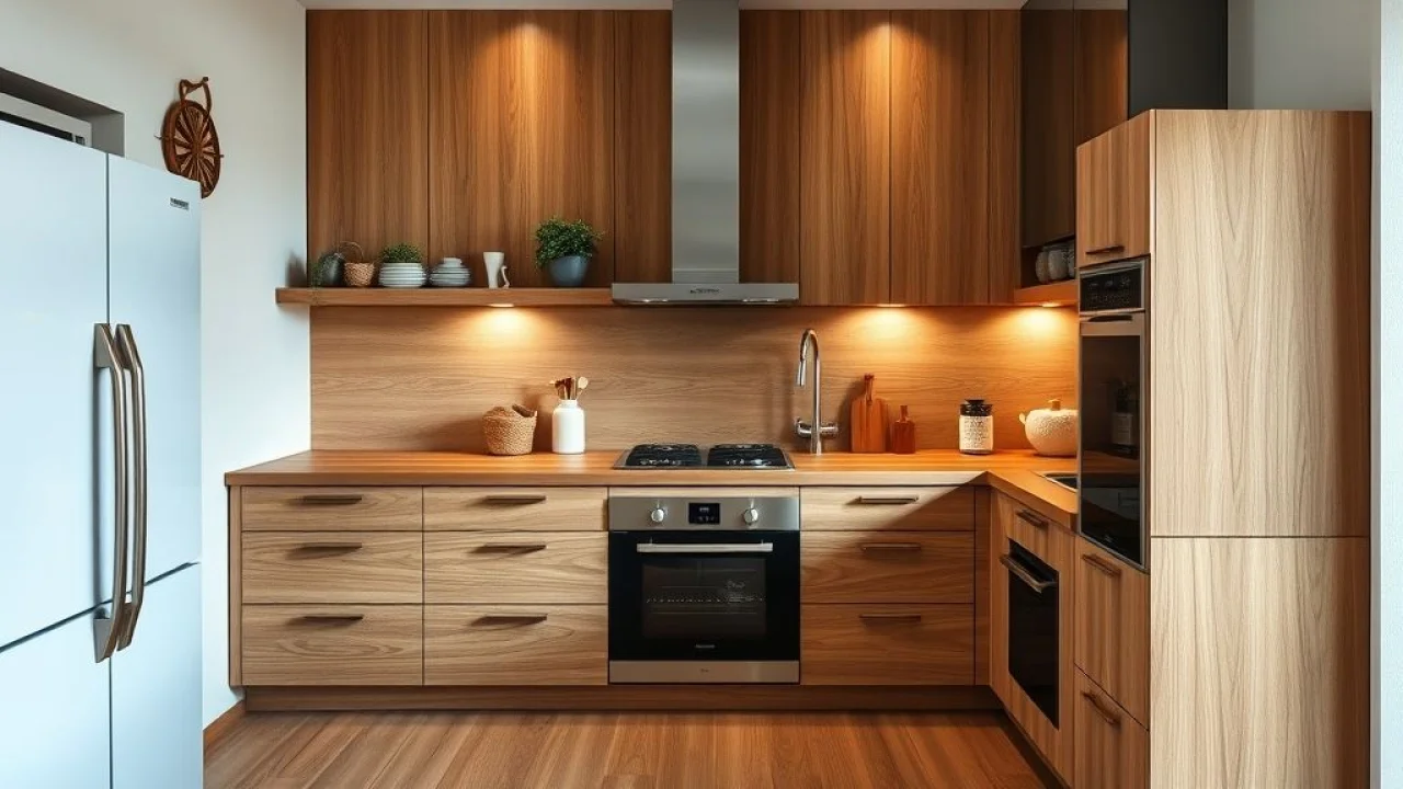 Bancada de cozinha renovada com laminado de madeira.