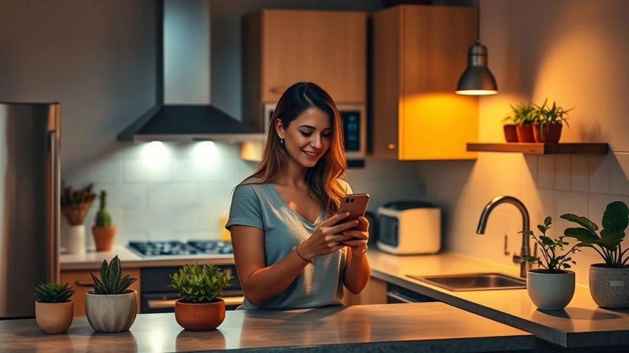 Mulher controlando iluminação inteligente na cozinha brasileira pelo celular.