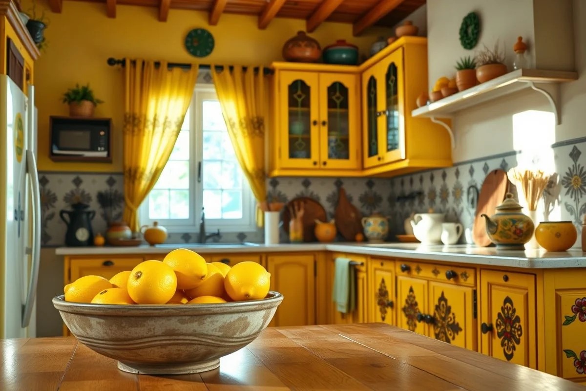 Cozinha brasileira com detalhes amarelos, fruteira com limões e armário pintado, ambiente alegre