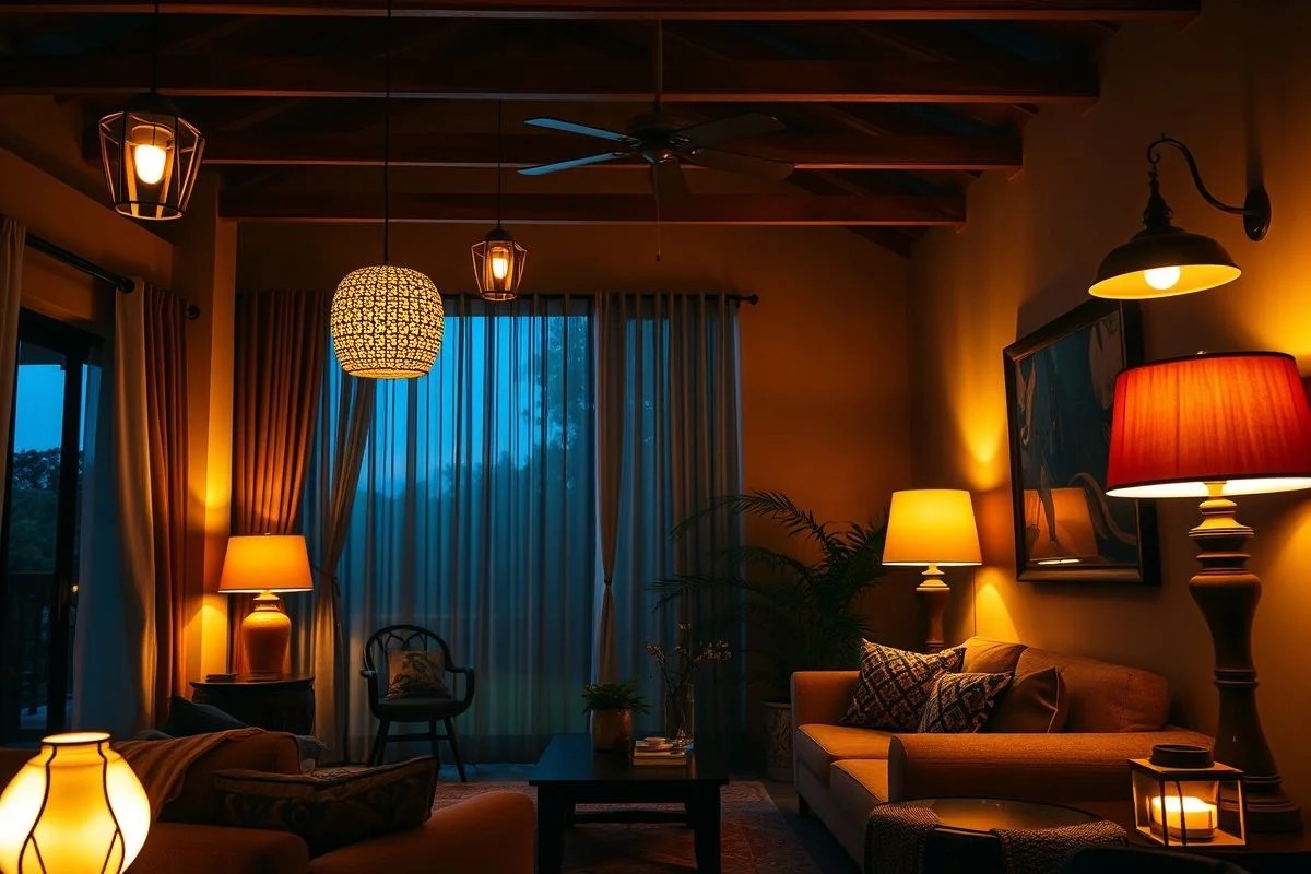 Sala iluminada com diferentes tipos de luz, criando uma atmosfera aconchegante.
