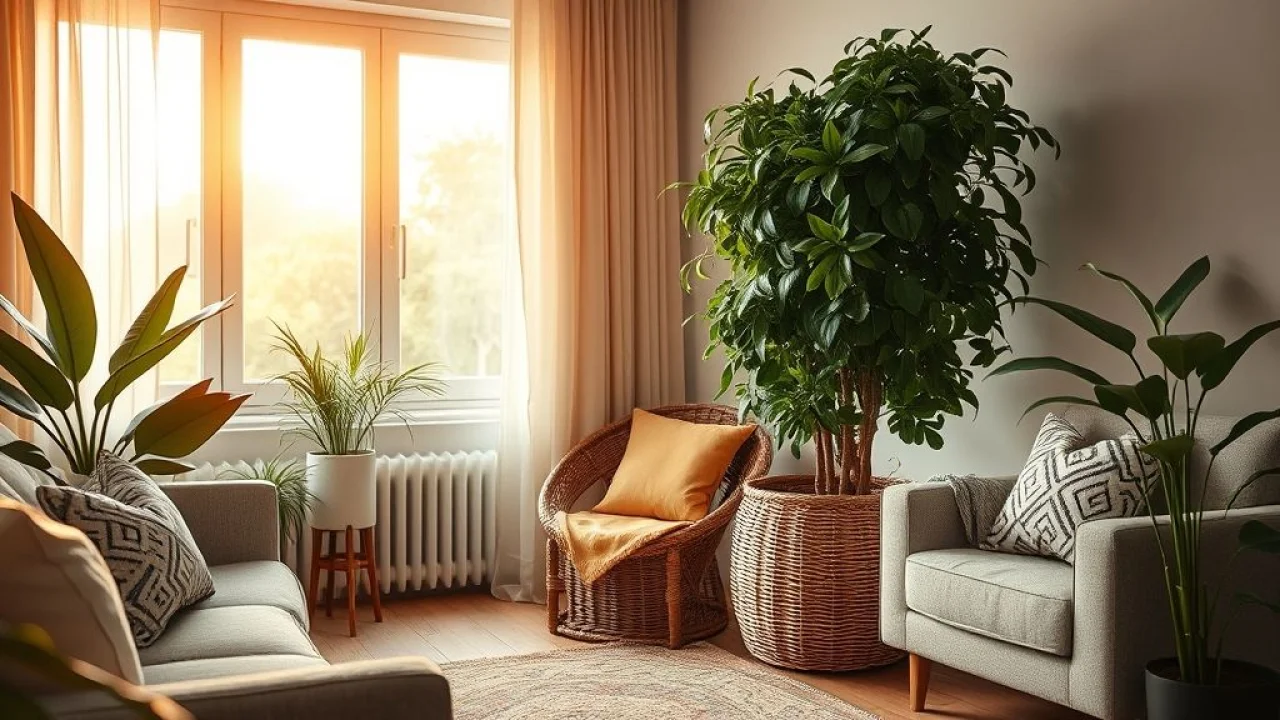 Canto de sala brasileira com ficus artificial em cesto de vime.