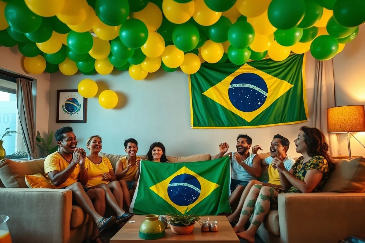 Sala decorada para festa de futebol com balões verde/amarelo e família torcendo.