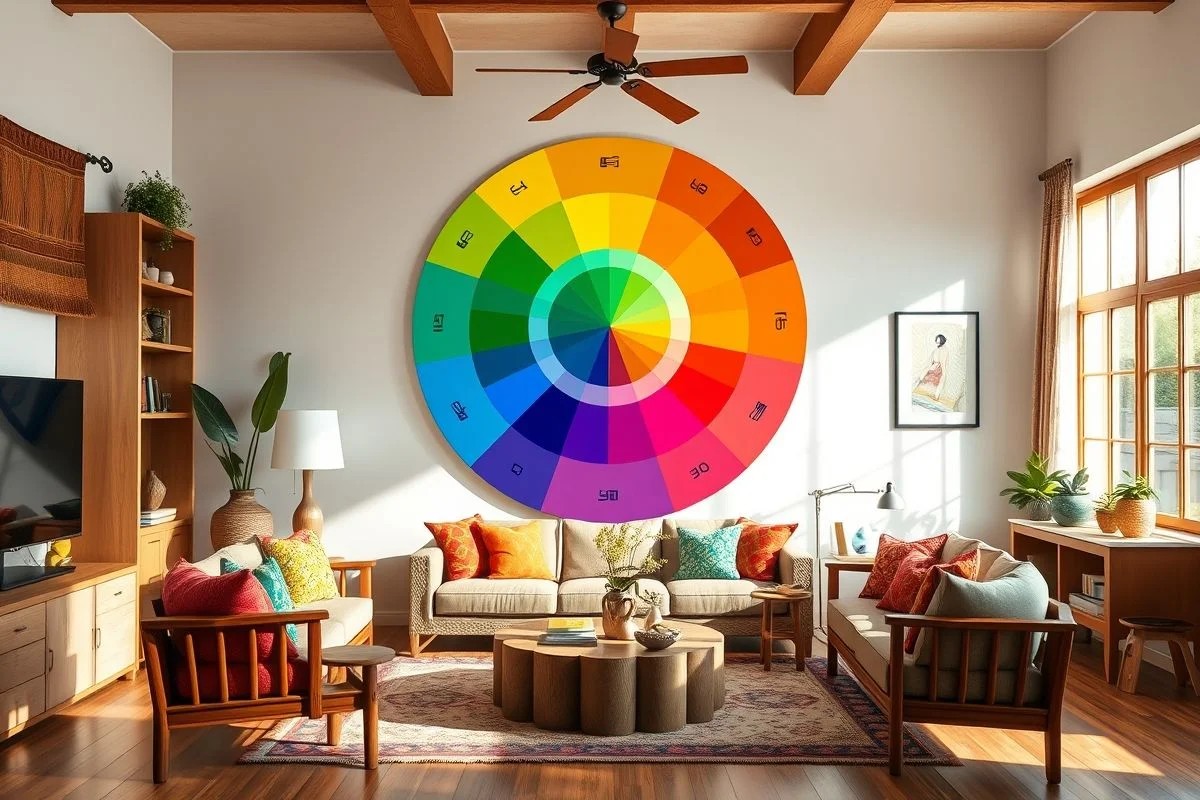 Sala de estar brasileira com roda de cores destacando esquemas de combinação, design harmonioso