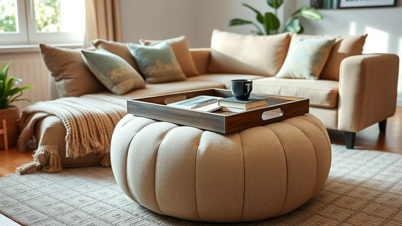 Puff usado como mesa de centro com bandeja decorativa em sala de estar brasileira.