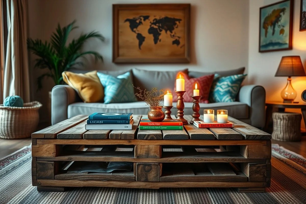 Mesa de centro feita de pallet em sala brasileira.