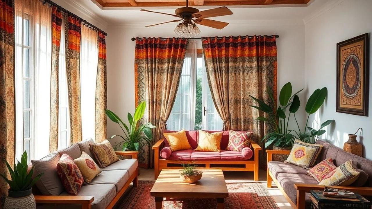 Sala de estar brasileira em estilo boho com cortinas estampadas.