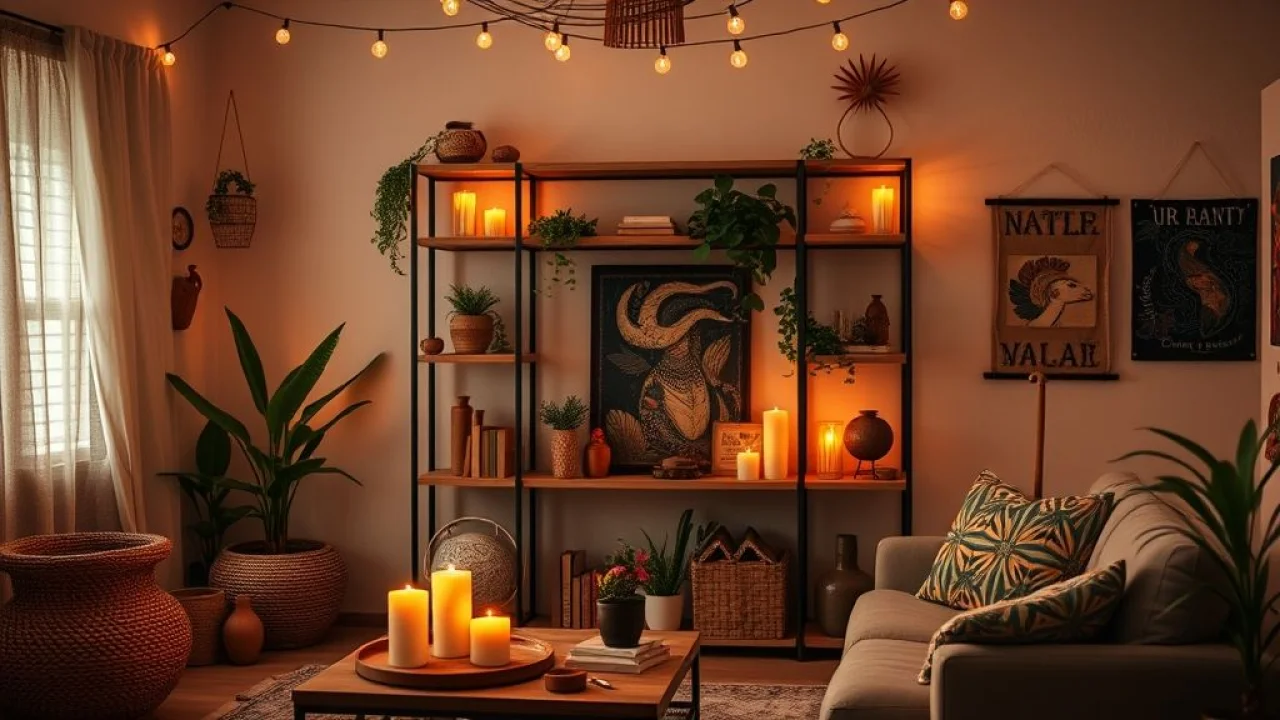 Rack iluminado com luz ambiente aconchegante, velas e objetos decorativos.