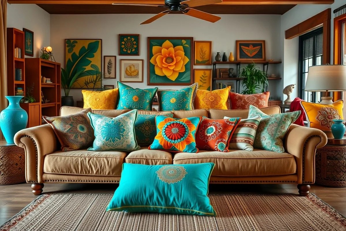 Sofá decorado com almofadas de diferentes formatos e estampas vibrantes.