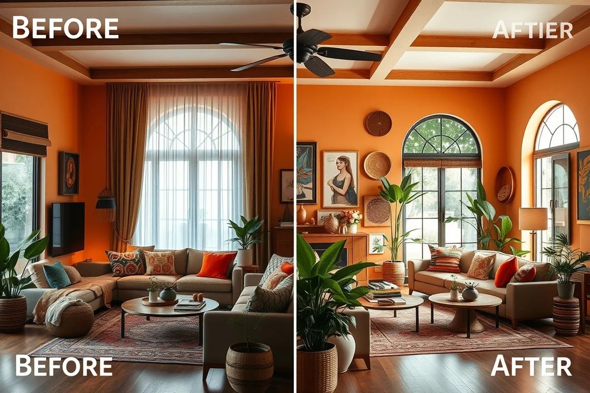 Transformação de sala de estar brasileira antes e depois da decoração.