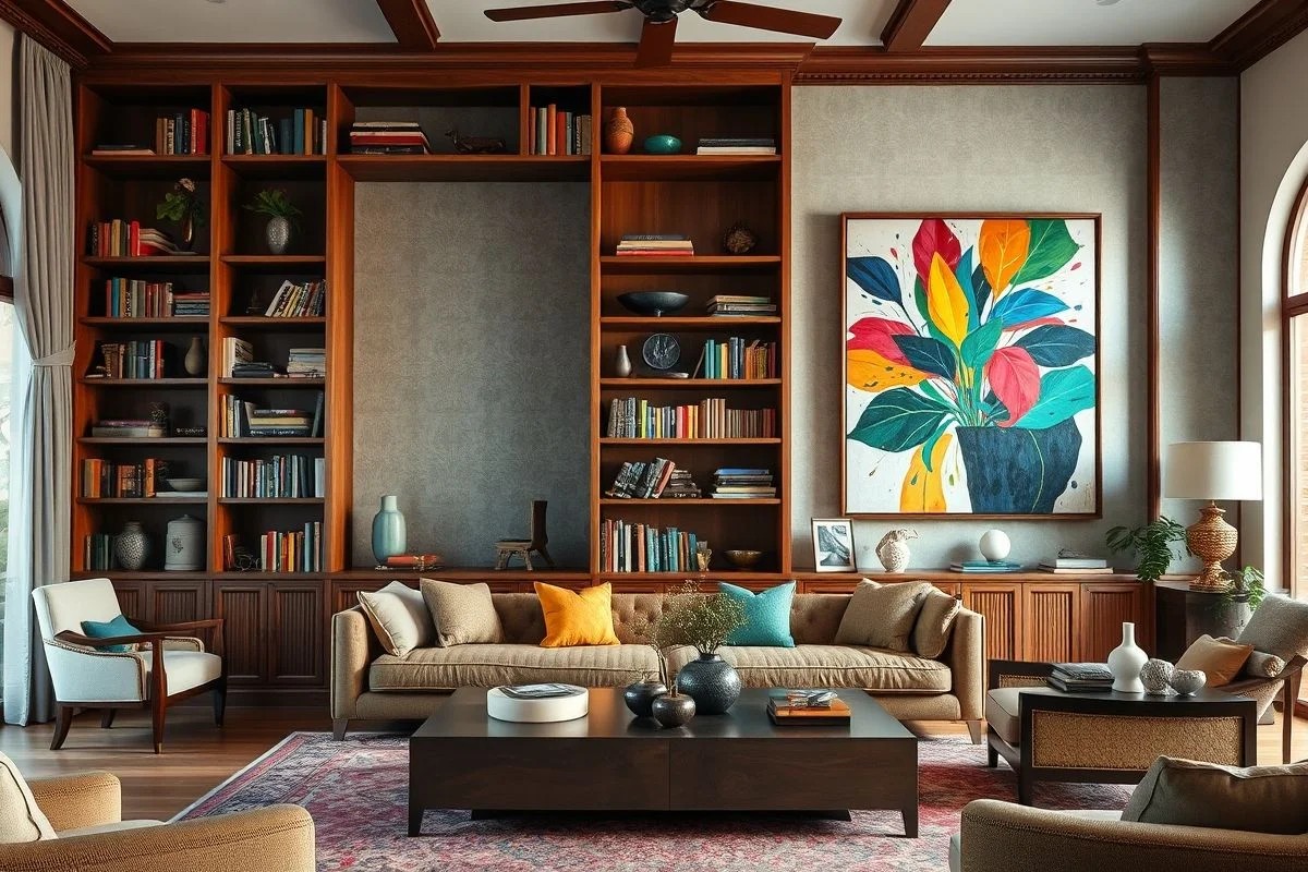 Estante clássica com livros e arte moderna em sala brasileira