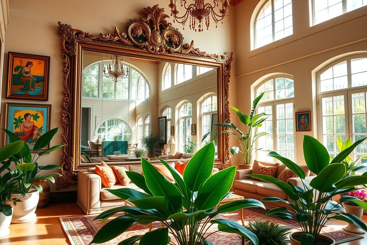 Sala com espelho grande refletindo a luz, quadros e plantas decorando o ambiente.