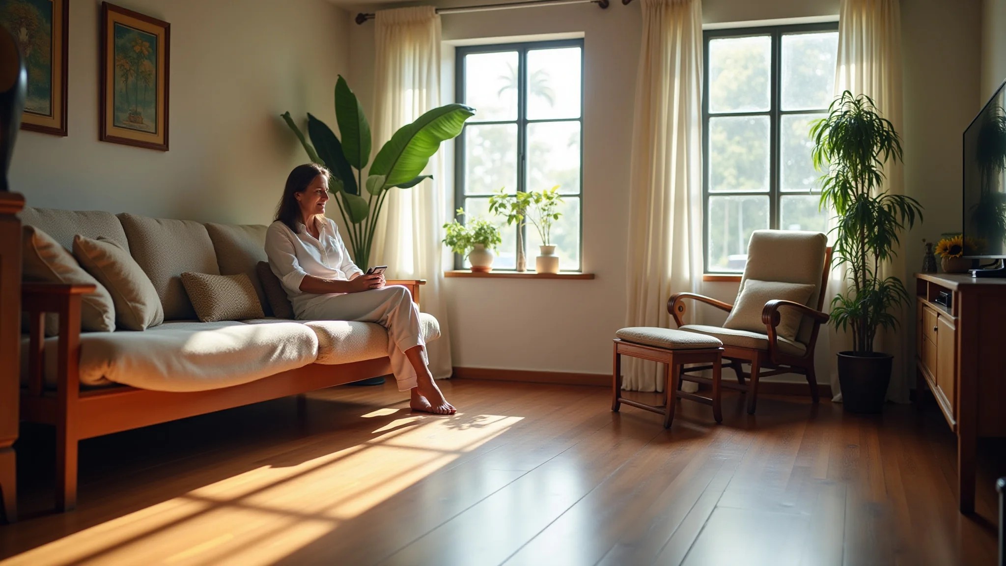 Sala de estar brasileira com piso de madeira e decoração vibrante, mulher relaxando.