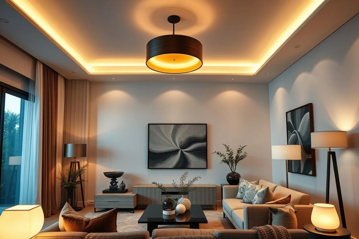 Iluminação aconchegante em sala pequena com luminárias e luz suave.