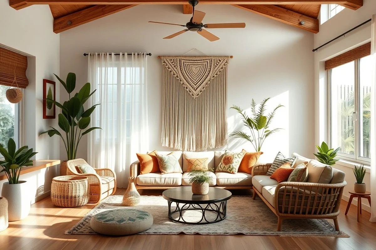 Sala de estar boêmia com macramê na parede, estilo brasileiro.