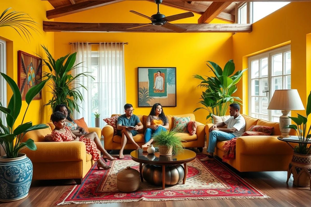Sala de estar brasileira com parede amarela e família reunida.