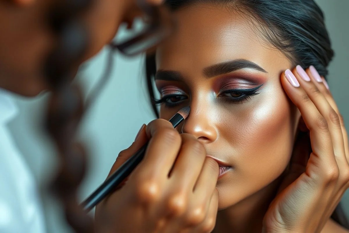 Maquiadora brasileira aplicando sombra em modelo. Olhos marcantes, beleza profissional.