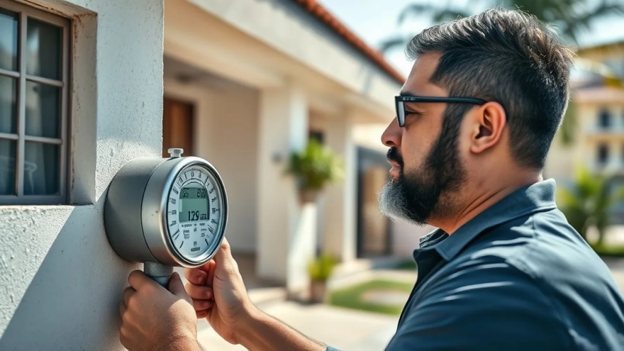 Homem brasileiro verificando hidrômetro para detectar vazamento em casa