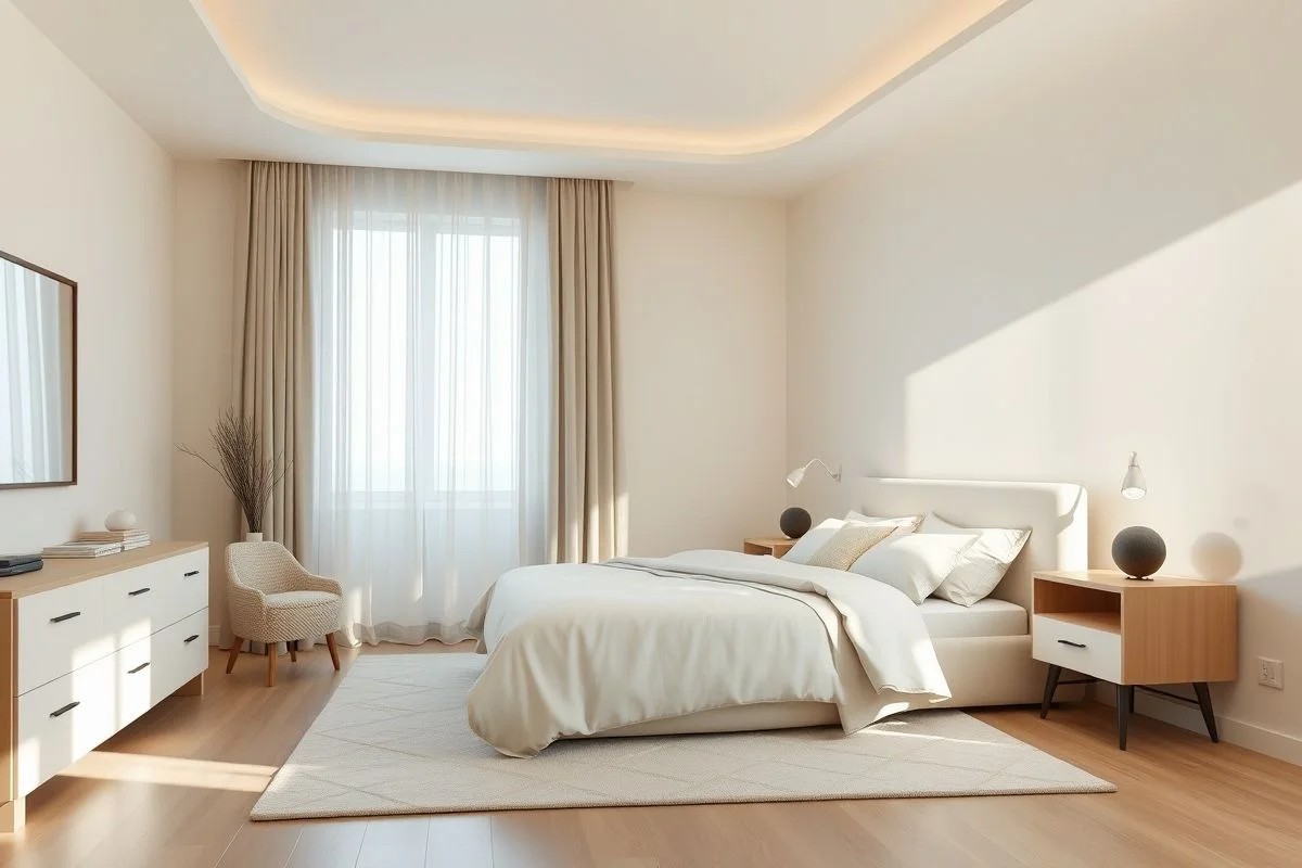 Quarto minimalista brasileiro com tons neutros e linhas simples, promovendo tranquilidade.