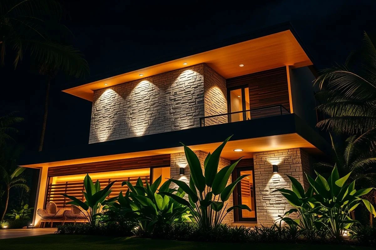 Fachada moderna com iluminação criativa destacando os detalhes arquitetônicos à noite.