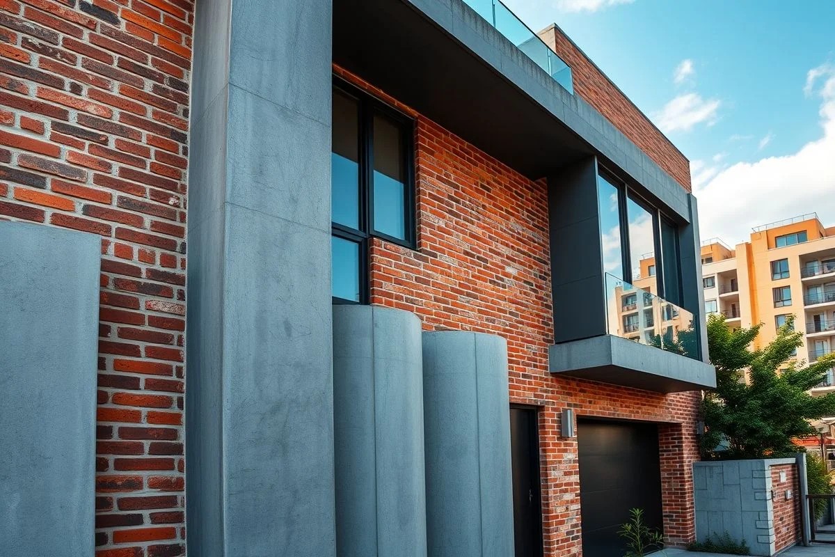 Fachada moderna em estilo industrial com tijolos aparentes, concreto e detalhes em metal.