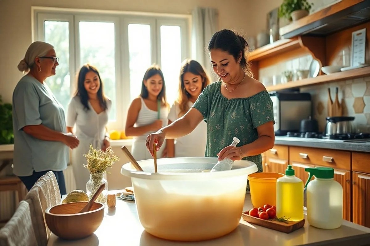 Mãe brasileira preparando solução de bicarbonato e vinagre para roupas de bebê.