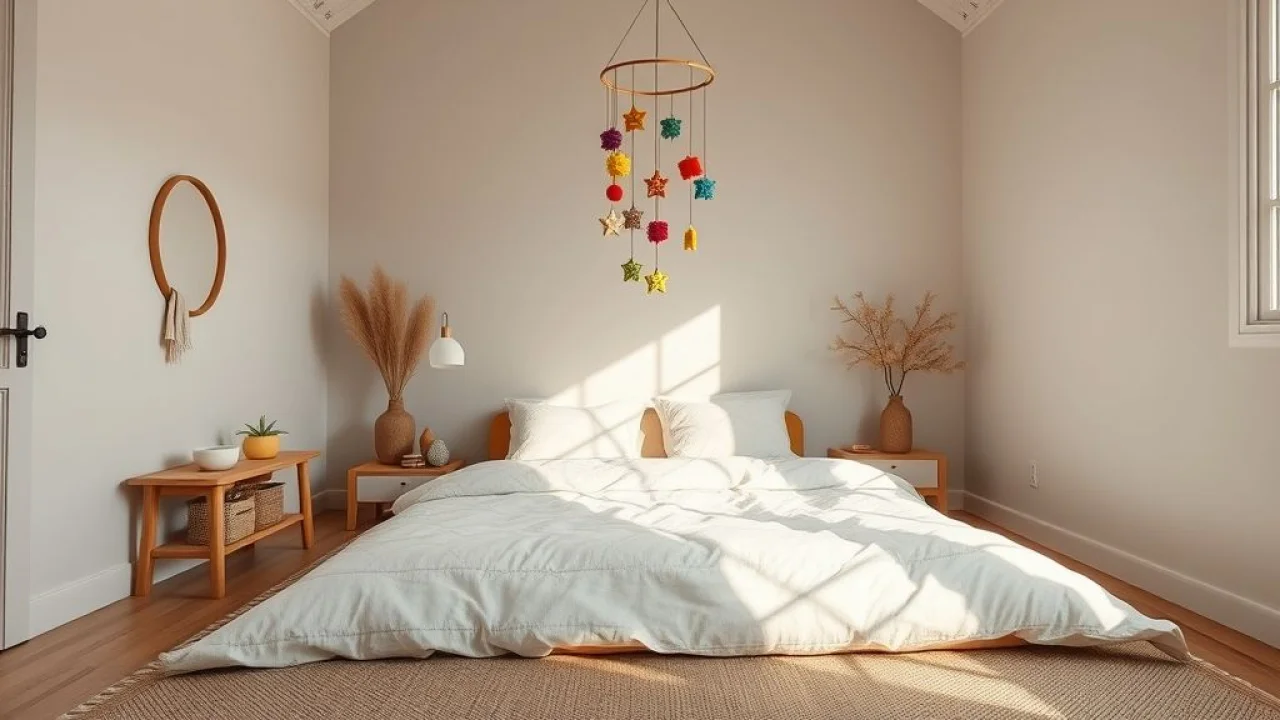 Detalhe de quarto Montessoriano, cama no chão, mobile colorido, luz natural, ambiente seguro.