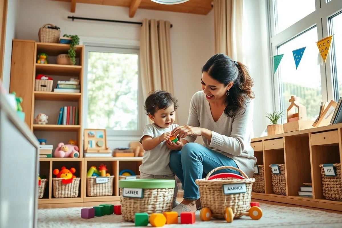 Mãe brasileira e criança organizando brinquedos em quarto montessoriano.