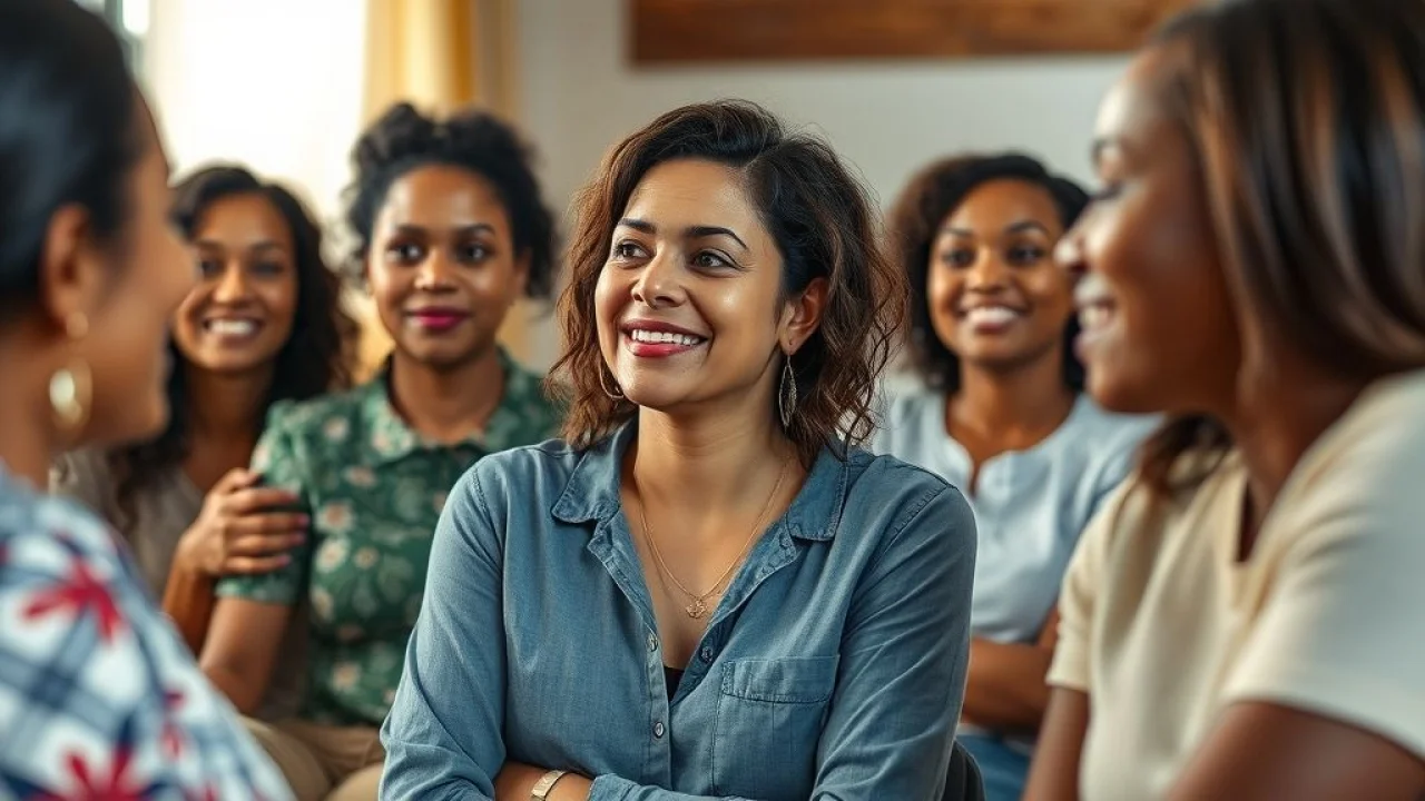 Mãe brasileira participando de grupo de apoio à maternidade. Conexão e suporte.