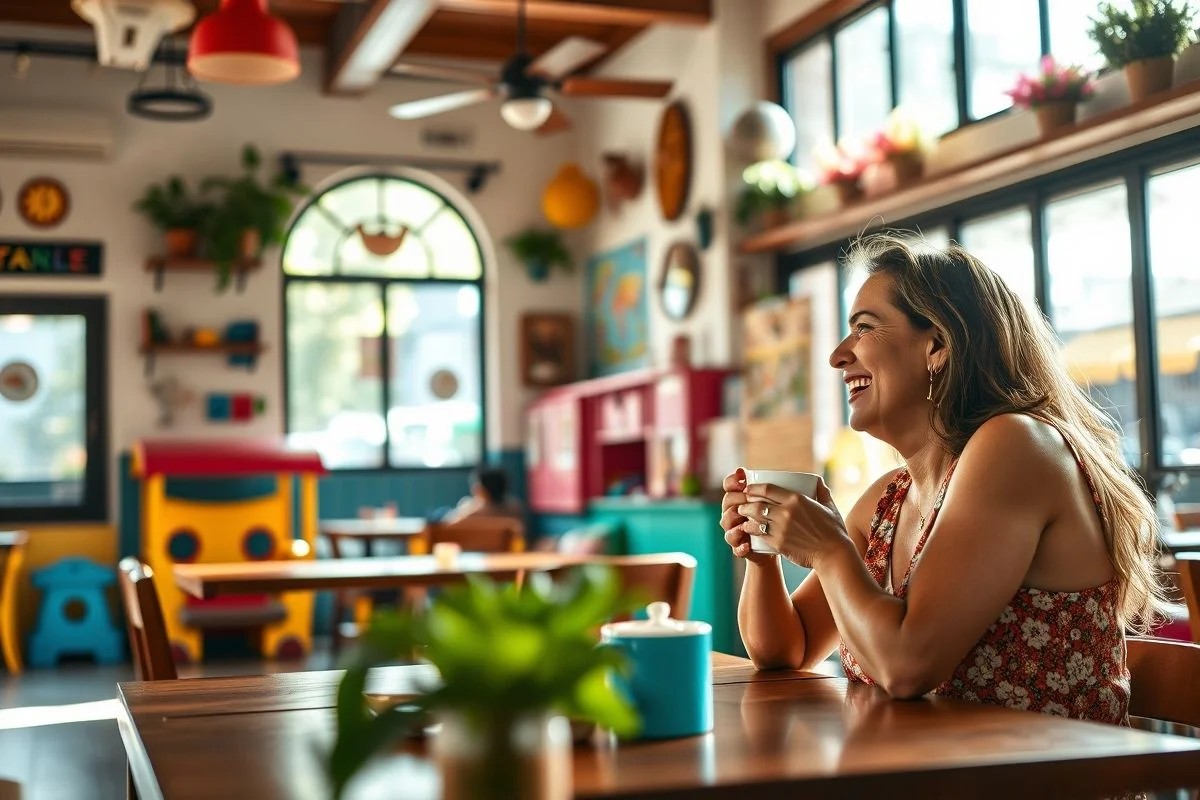 Mãe brasileira tomando café com amiga em café com espaço kids