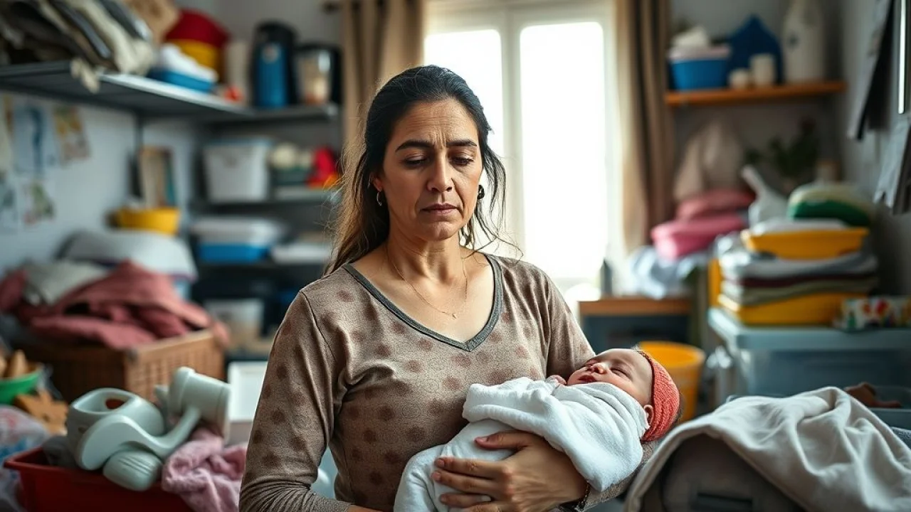 Mãe brasileira exausta cercada por itens de bebê e tarefas domésticas. Sobrecarga materna.