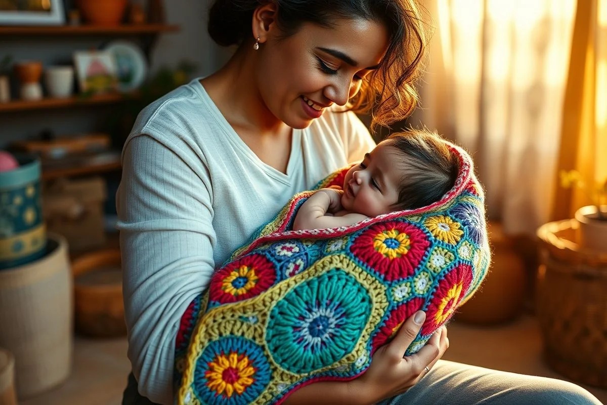 Mãe brasileira enrolando bebê em manta de crochê, amor e cuidado.