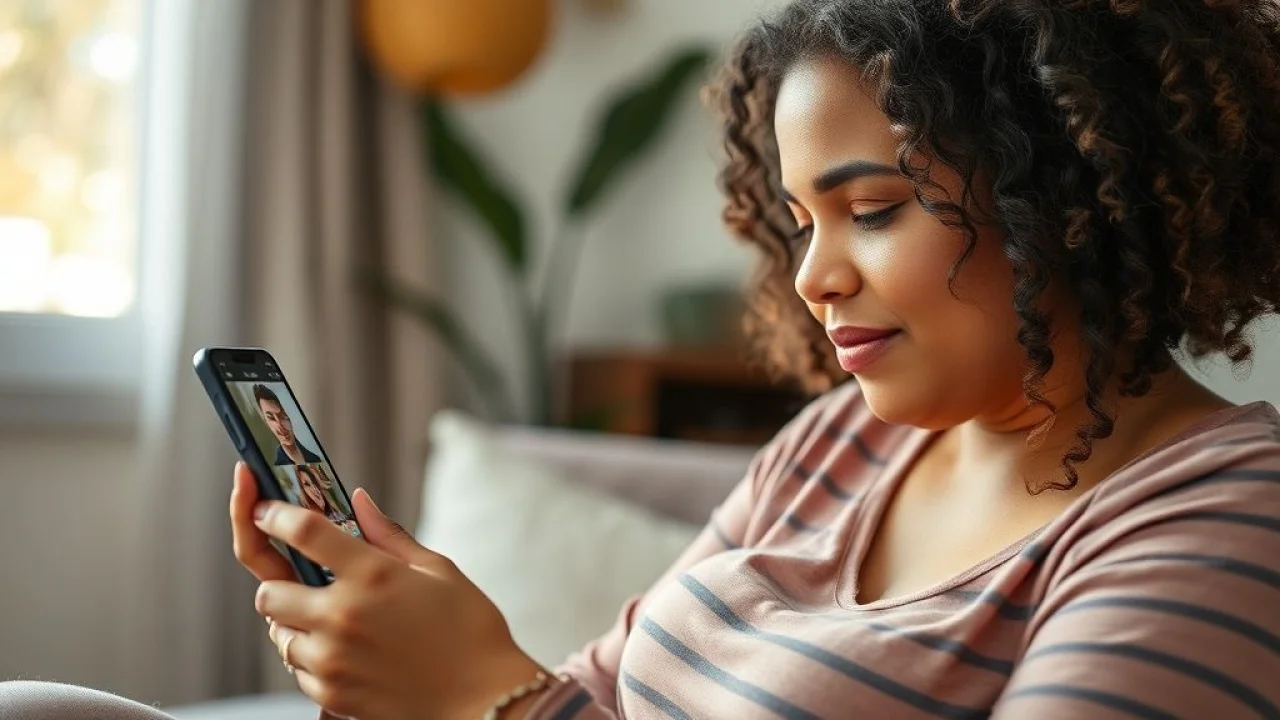 Mãe brasileira usando smartphone para se conectar com outras mães online. Tecnologia e apoio.