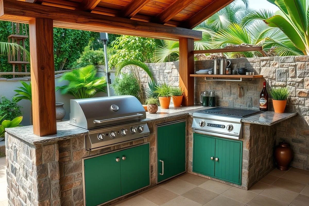 Cozinha gourmet brasileira com churrasqueira e bancada em Granito Verde Ubatuba. Estilo rústico e moderno.