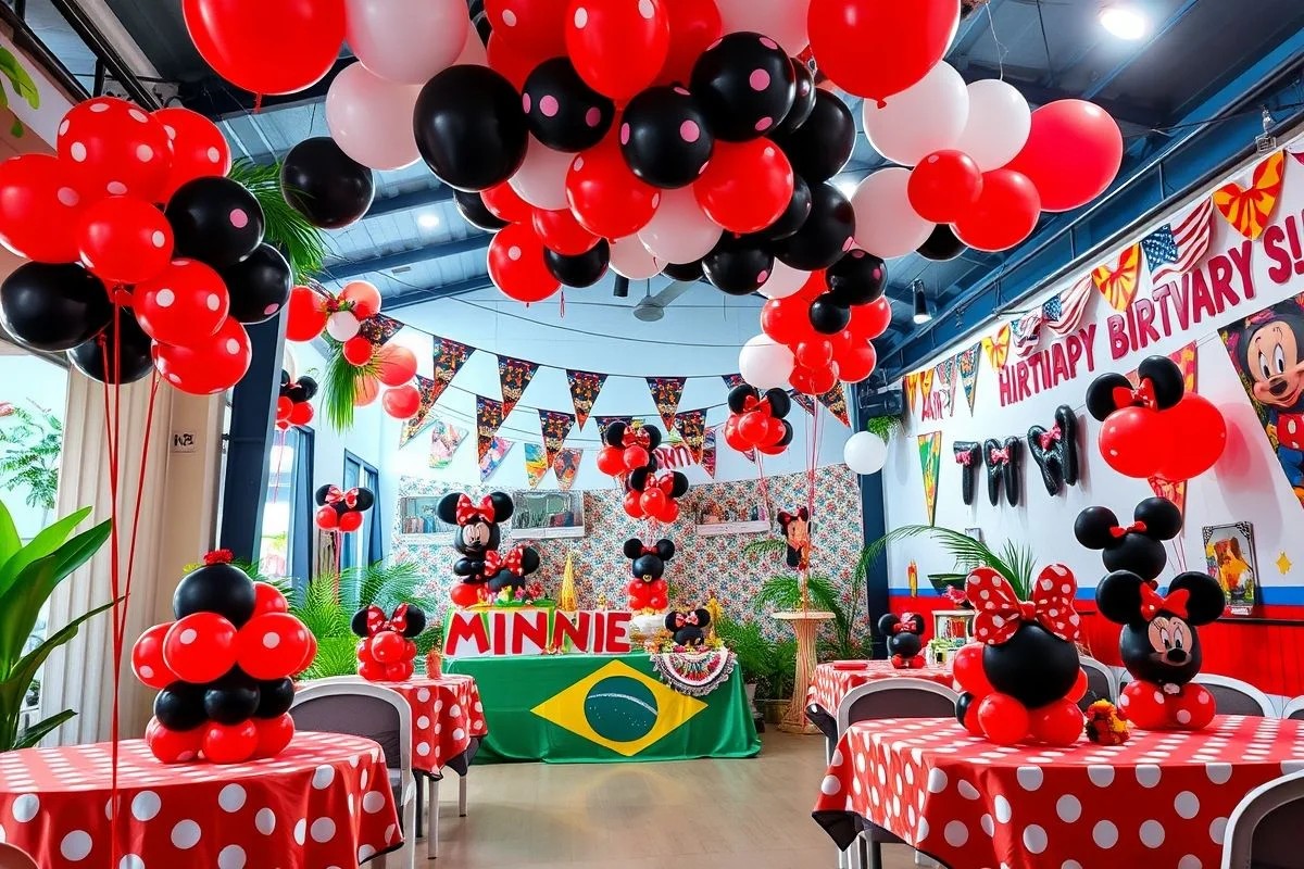 Decoração festa Minnie: balões, poá, orelhas Minnie. Festa infantil, tema Minnie, Brasil.