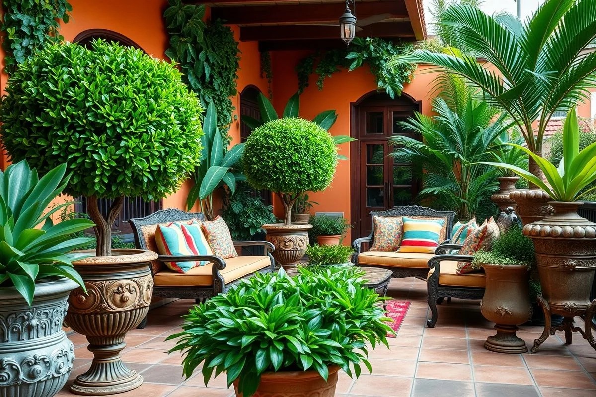 Varanda brasileira decorada com vasos e jardineiras de buchinhos.
